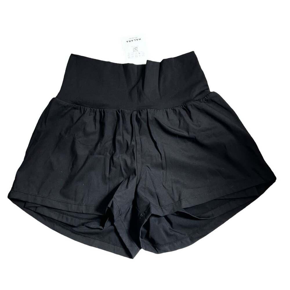 Halara Super High Waisted Yoga Shorts Sz Large Womens Black Back Pocket & Side P - Picture 7 of 8
